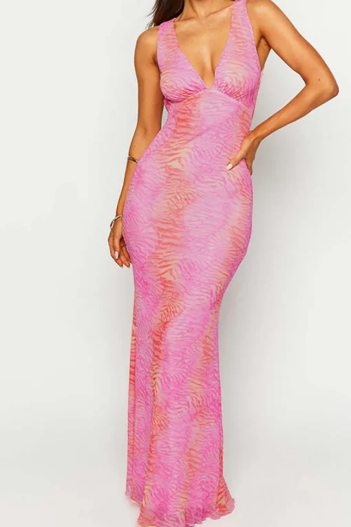 MICAS Maxi Dresses-Abstract Print Backless V-neck Maxi Dress PINK