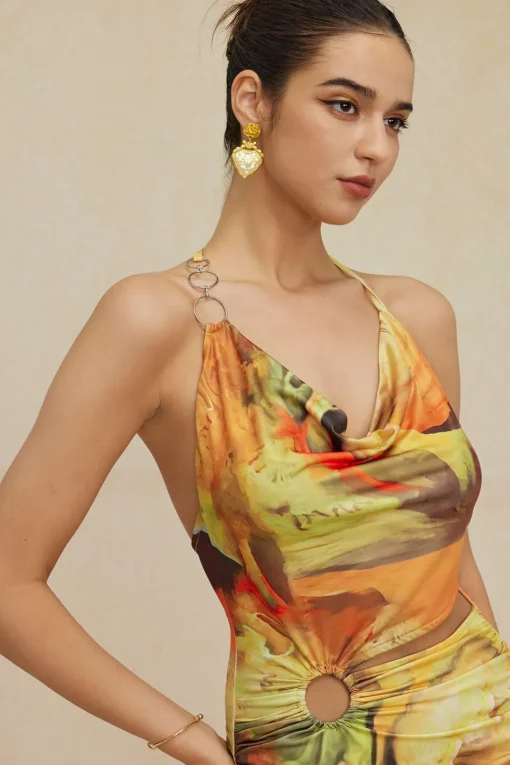 MICAS Mini Dresses-Abstract Print Halter Cowl Neck Slit Mini Dress