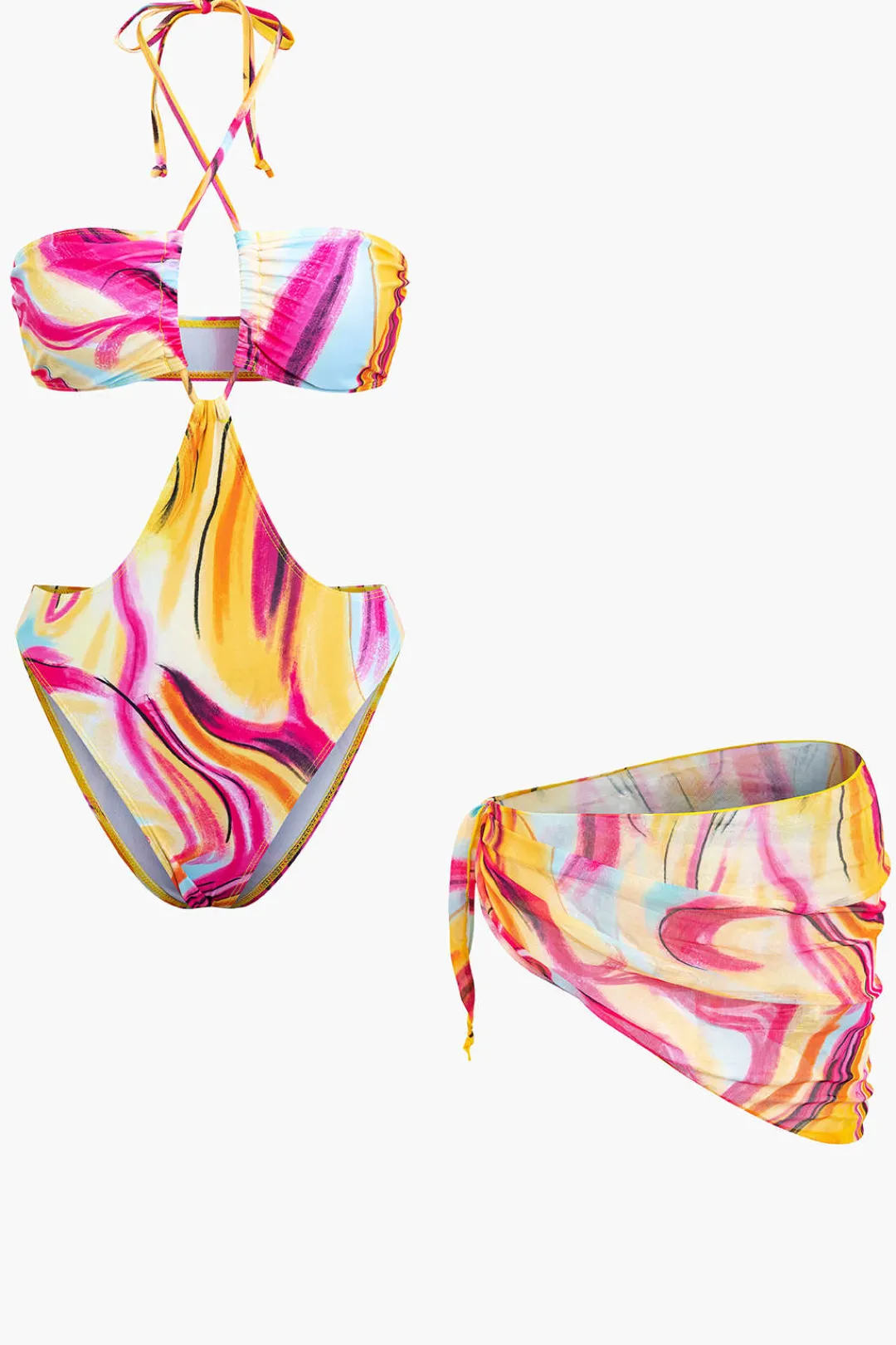MICAS Swimwear|Vacation Sets-Abstract Print Halter Tummy Control One-piece Swimsuit And Knot Mini Sarong Skirt Set MULTICOLOR