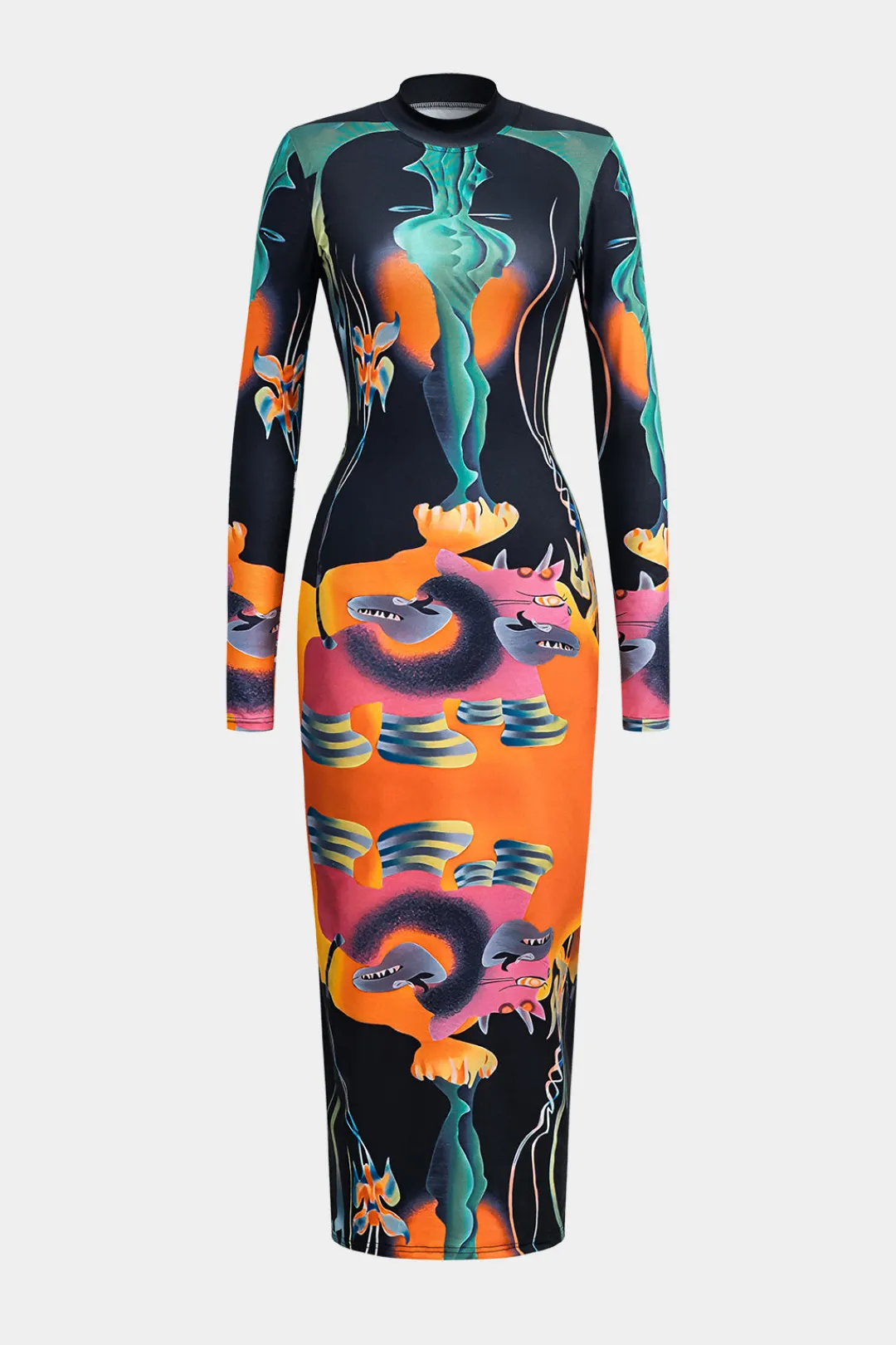 MICAS Long Sleeve Dresses|Midi Dresses-Abstract Print Long Sleeve Bodycon Midi Dress MULTICOLOR