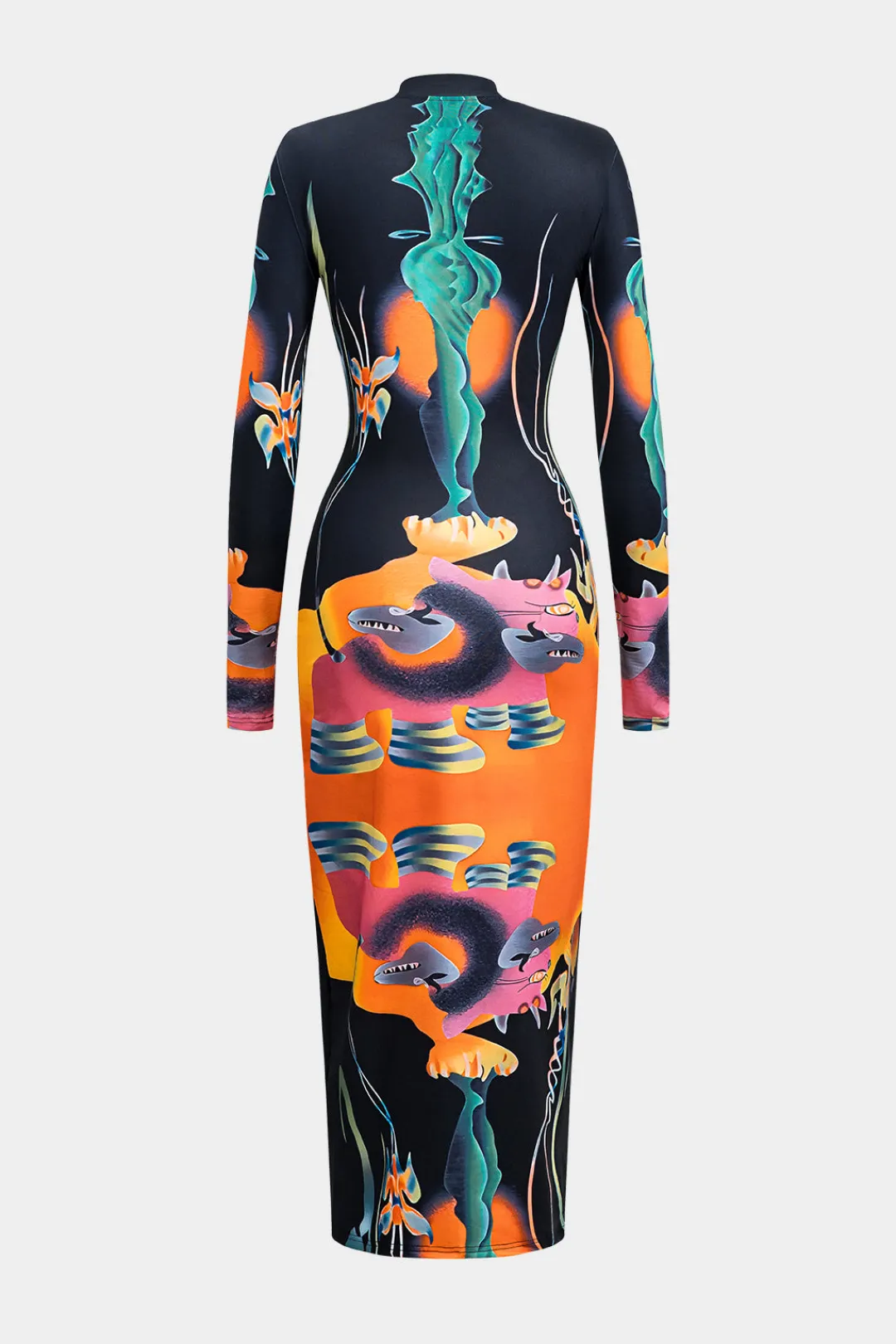 MICAS Long Sleeve Dresses|Midi Dresses-Abstract Print Long Sleeve Bodycon Midi Dress MULTICOLOR