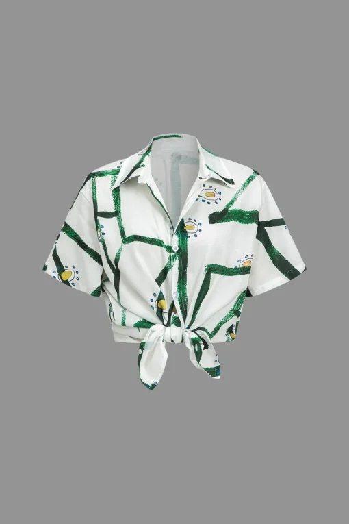 MICAS Short Sets-Abstract Print Shirt And Drawstring Shorts Set WHITE
