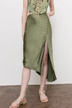 MICAS Skirts-Asymmetric Hem Slit Button Deco Skirt