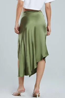 MICAS Skirts-Asymmetric Hem Slit Button Deco Skirt