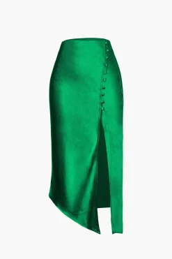 MICAS Skirts-Asymmetric Hem Slit Button Deco Skirt