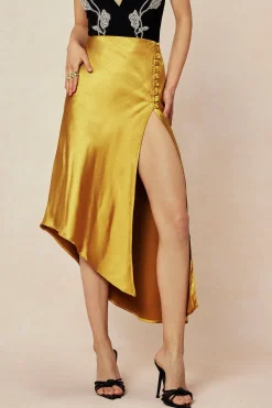 MICAS Skirts-Asymmetric Hem Slit Button Deco Skirt