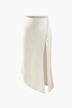 MICAS Skirts-Asymmetric Hem Slit Button Deco Skirt