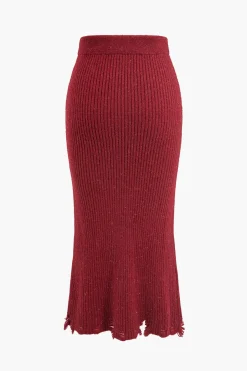 MICAS Knit Sets-Asymmetrical Top And Skirt Set BURGUNDY