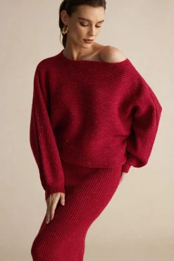 MICAS Knit Sets-Asymmetrical Top And Skirt Set BURGUNDY