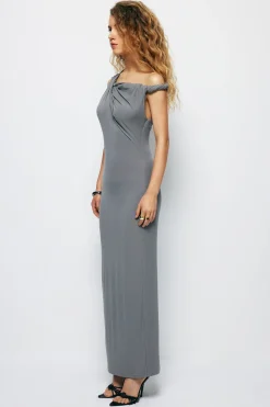 MICAS Maxi Dresses-Asymmetrical Twist Maxi Dress GRAY
