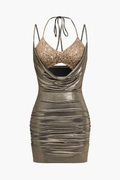 MICAS Mini Dresses-Backless Tie-Up Sequin Mini Dress PURE GOLD