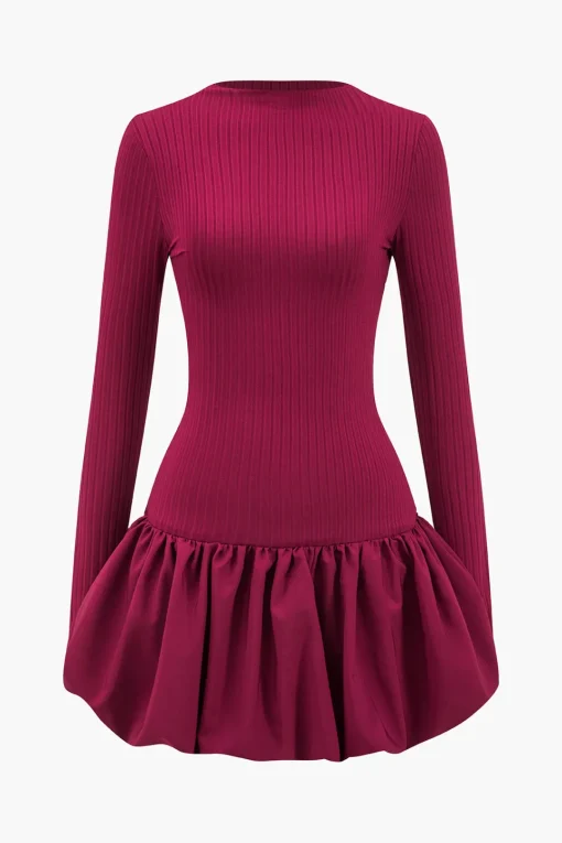MICAS Mini Dresses|Long Sleeve Dresses-Basic Long Sleeve Cut Out Puff Hem Mini Dress BURGUNDY
