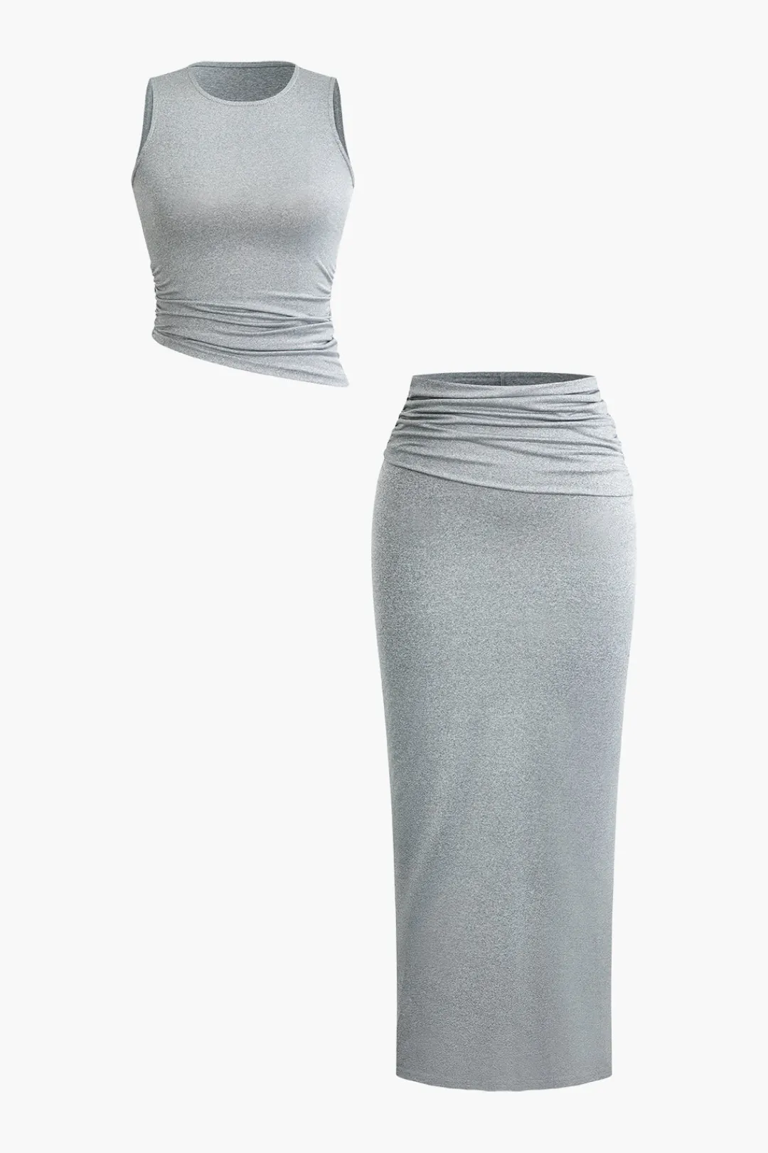 MICAS Skirt Sets|Vacation Sets-Basic Ruched Sleeveless Top And Slit Maxi Skirt Set LIGHT GRAY