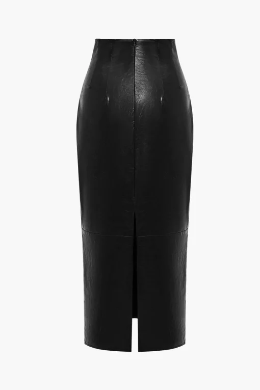 MICAS Skirts-Basic Solid Faux Leather Midi Skirt