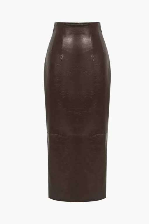 MICAS Skirts-Basic Solid Faux Leather Midi Skirt