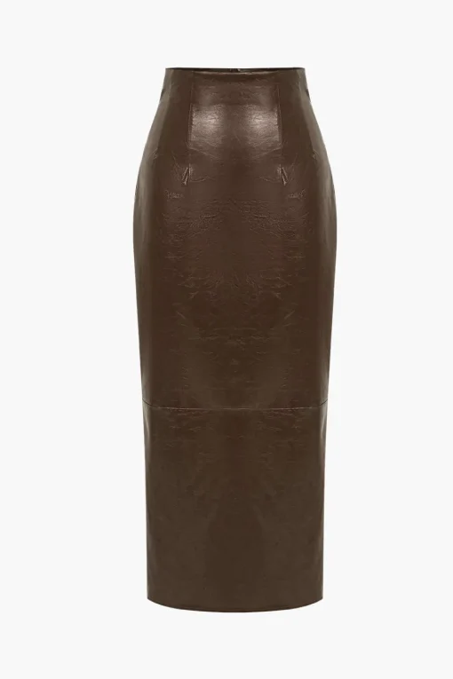 MICAS Skirts-Basic Solid Faux Leather Midi Skirt