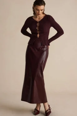 MICAS Skirts-Basic Solid Faux Leather Midi Skirt