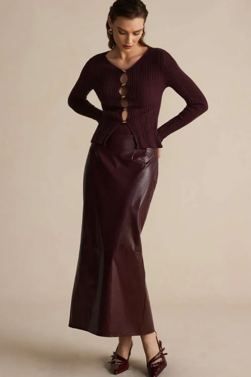 MICAS Skirts-Basic Solid Faux Leather Midi Skirt