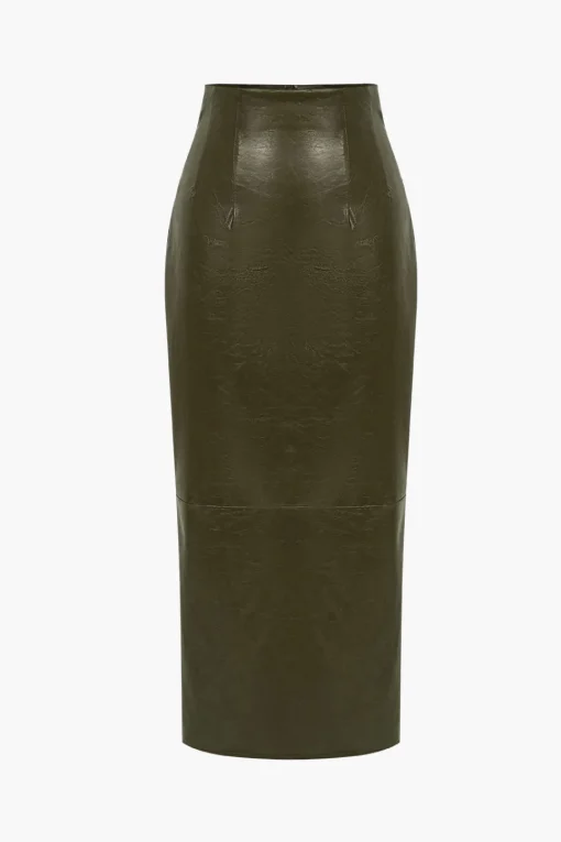 MICAS Skirts-Basic Solid Faux Leather Midi Skirt