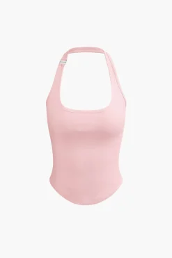 MICAS Tank Tops & Cami-Basic Solid Halter Curved Hem Tank Top