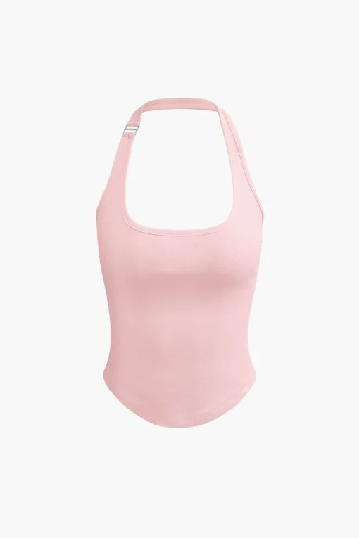 MICAS Tank Tops & Cami-Basic Solid Halter Curved Hem Tank Top