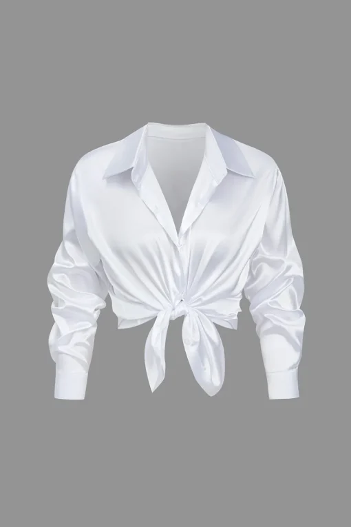 MICAS Long Sleeve Tops|Long Sleeves Tops-Basic Solid Satin Long-Sleeve Shirt