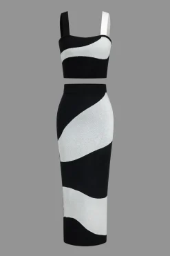 MICAS Knit Sets-Basic Zebra Print Knit Cami Top And Skirt Set Contrast Color