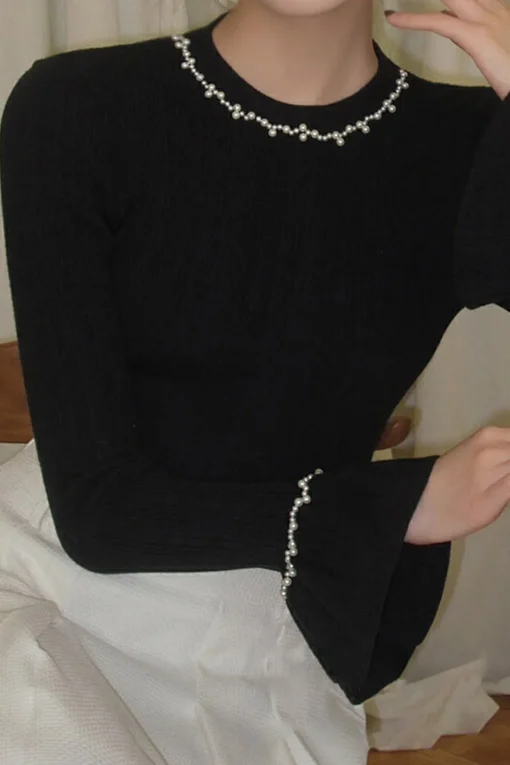 MICAS Long Sleeve Tops|Long Sleeves Tops-Beaded Round Neck Long-Sleeve Top BLACK
