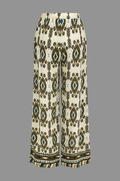 MICAS Pants-Bohemian Print Shirred Waistband Trousers BROWN