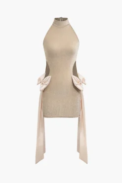 MICAS Mini Dresses-Bow Cut Out Mock Neck Mini Dress Contrast Color