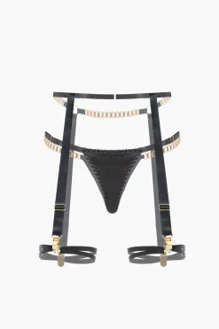 MICAS Lingerie & Sleepwear-Chain Bustier Contrast Mesh Lingerie Garter Set BLACK