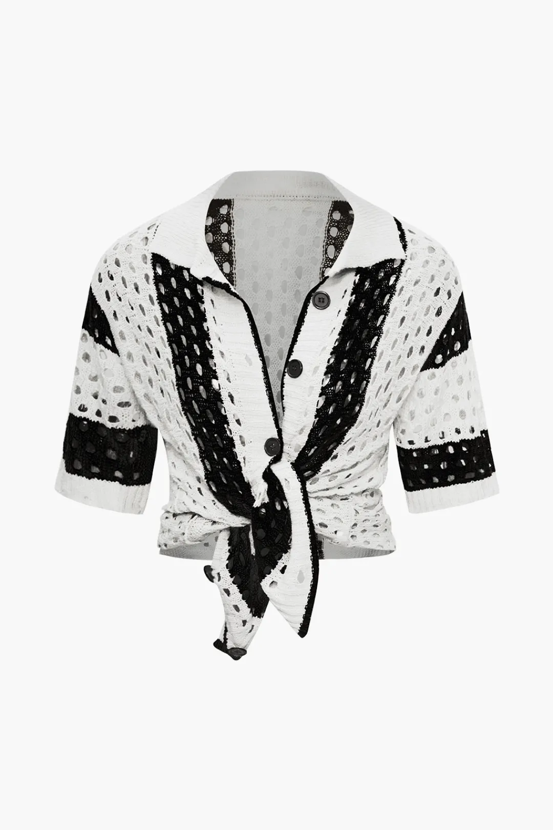 MICAS Knitwear|Knit Sets-Color Block Crochet Open Knit Button Up Top And Shorts Set