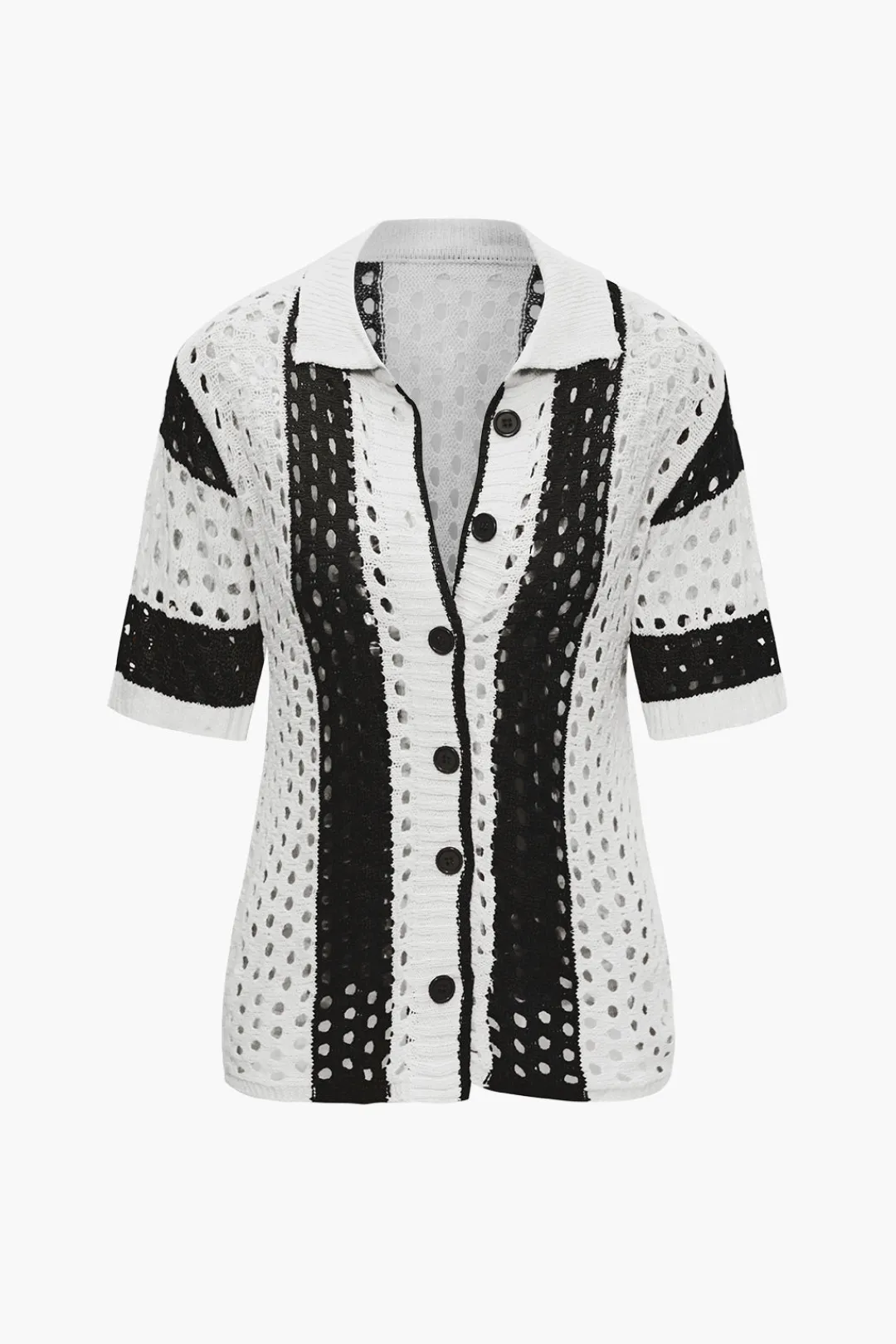 MICAS Knitwear|Knit Sets-Color Block Crochet Open Knit Button Up Top And Shorts Set