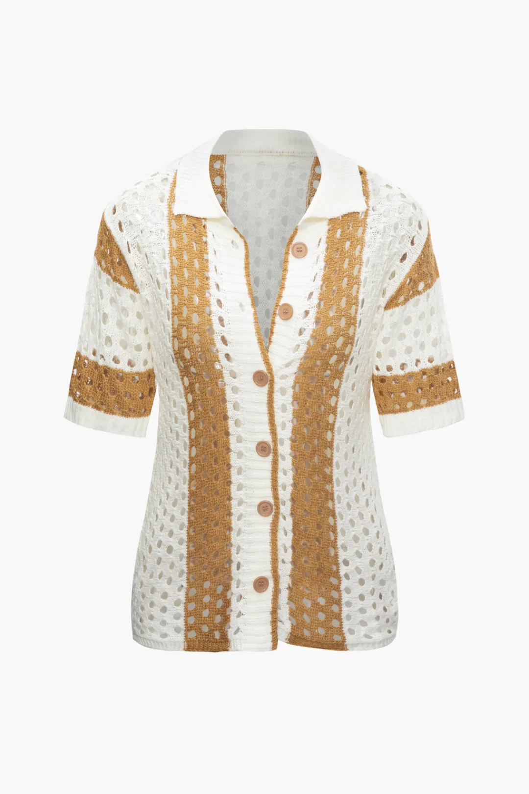 MICAS Knitwear|Knit Sets-Color Block Crochet Open Knit Button Up Top And Shorts Set