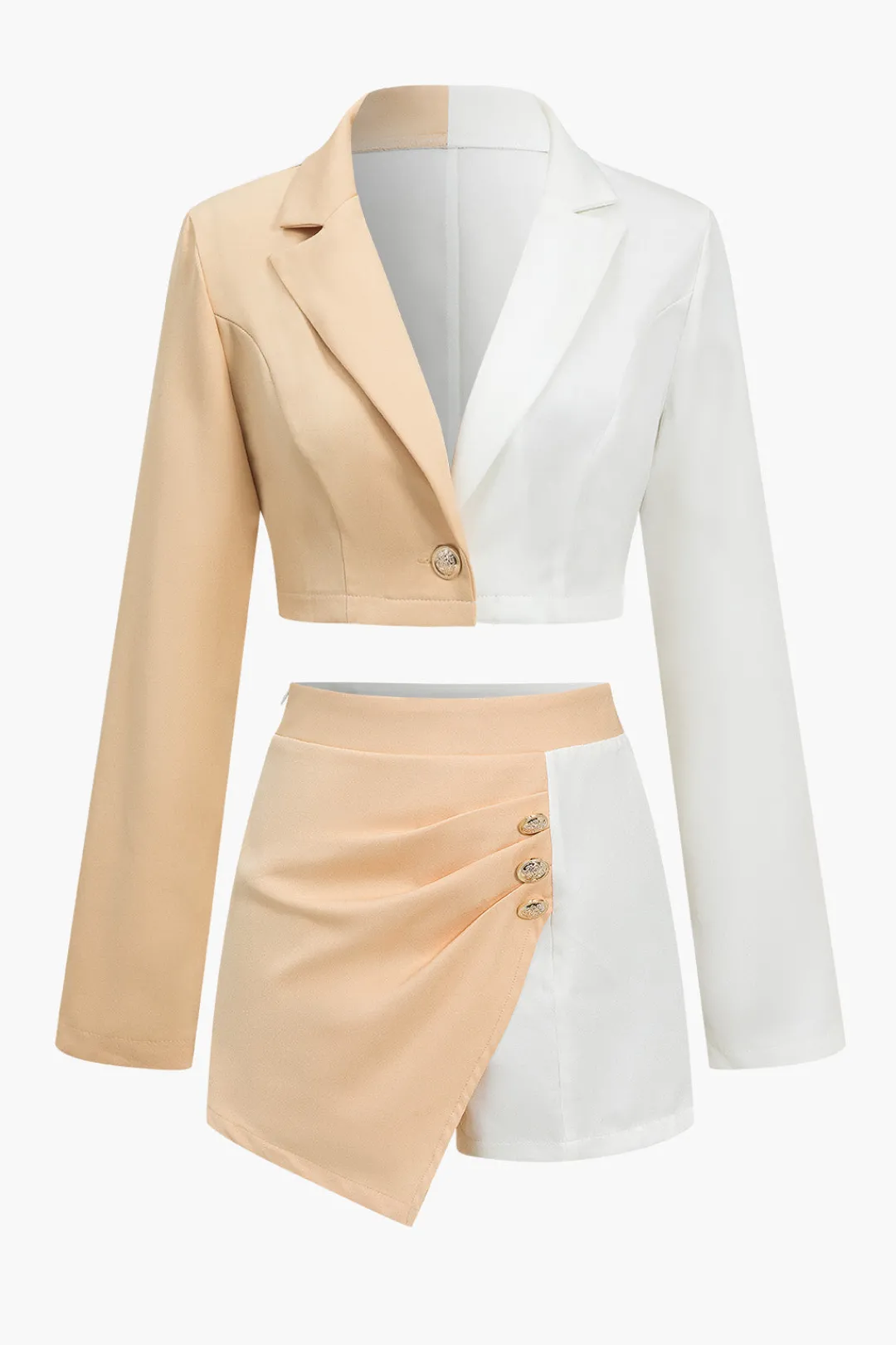 MICAS Skirt Sets-Color Block Cropped Blazer And Button Detail Skort Set BEIGE