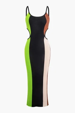 MICAS Knit Dresses-Color Block Cut Out Slip Knit Midi Dress Contrast Color