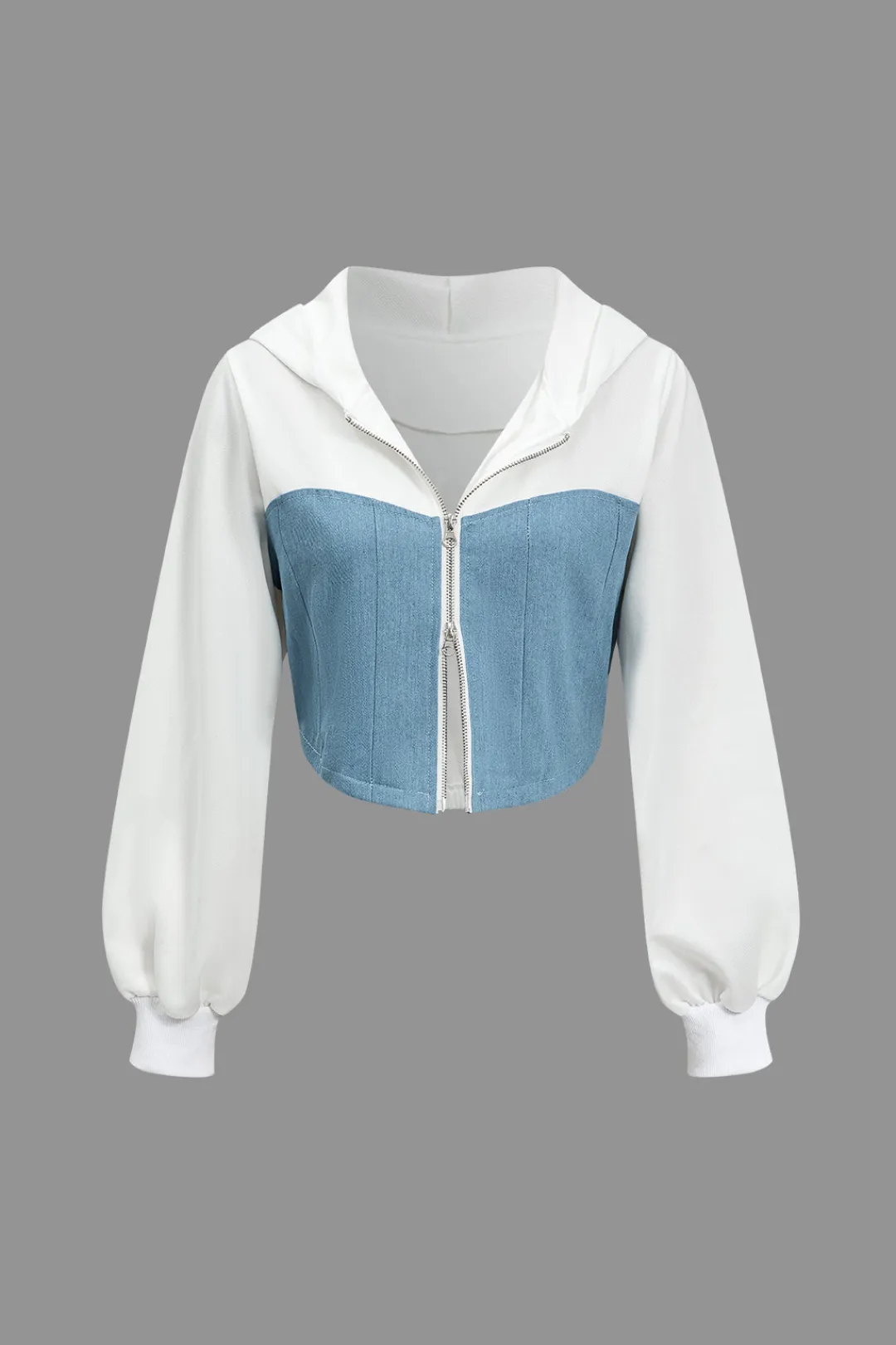 MICAS Pant Sets-Color Block Denim Patchwork Hooded Zipper Jacket And Trousers Set