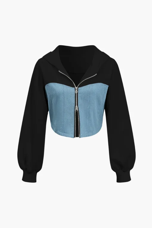 MICAS Pant Sets-Color Block Denim Patchwork Hooded Zipper Jacket And Trousers Set