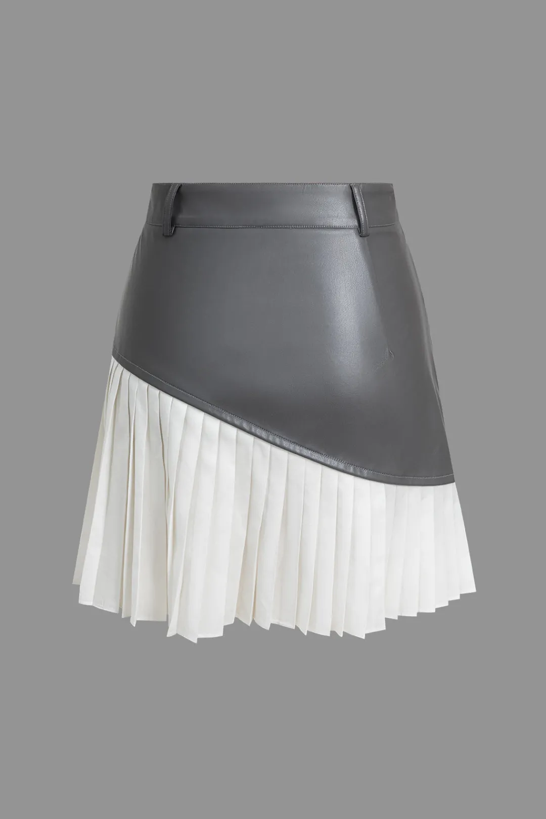 MICAS Skirts-Color Block Faux Leather Pleated Asymmetrical Skirt GRAY