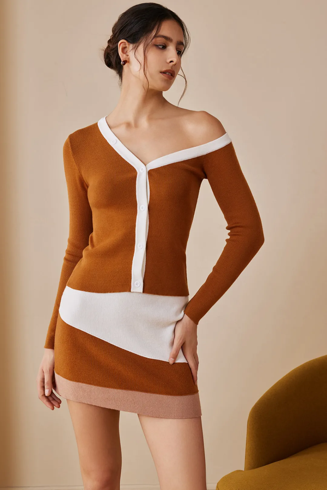 MICAS Skirts-Color Block Knit Mini Skirt Contrast Color