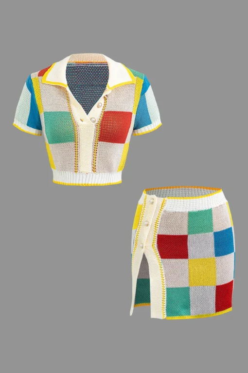 MICAS Skirt Sets-Color Block Knit Top and Split Mini Skirt Set MULTICOLOR