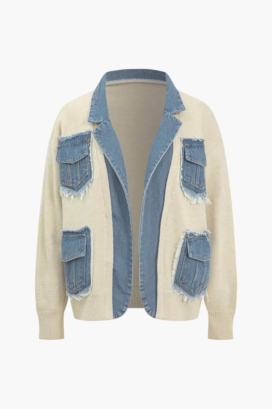 MICAS Outerwear|Outerwear-Color Block Patchwork Denim Sweater Cardigan BEIGE