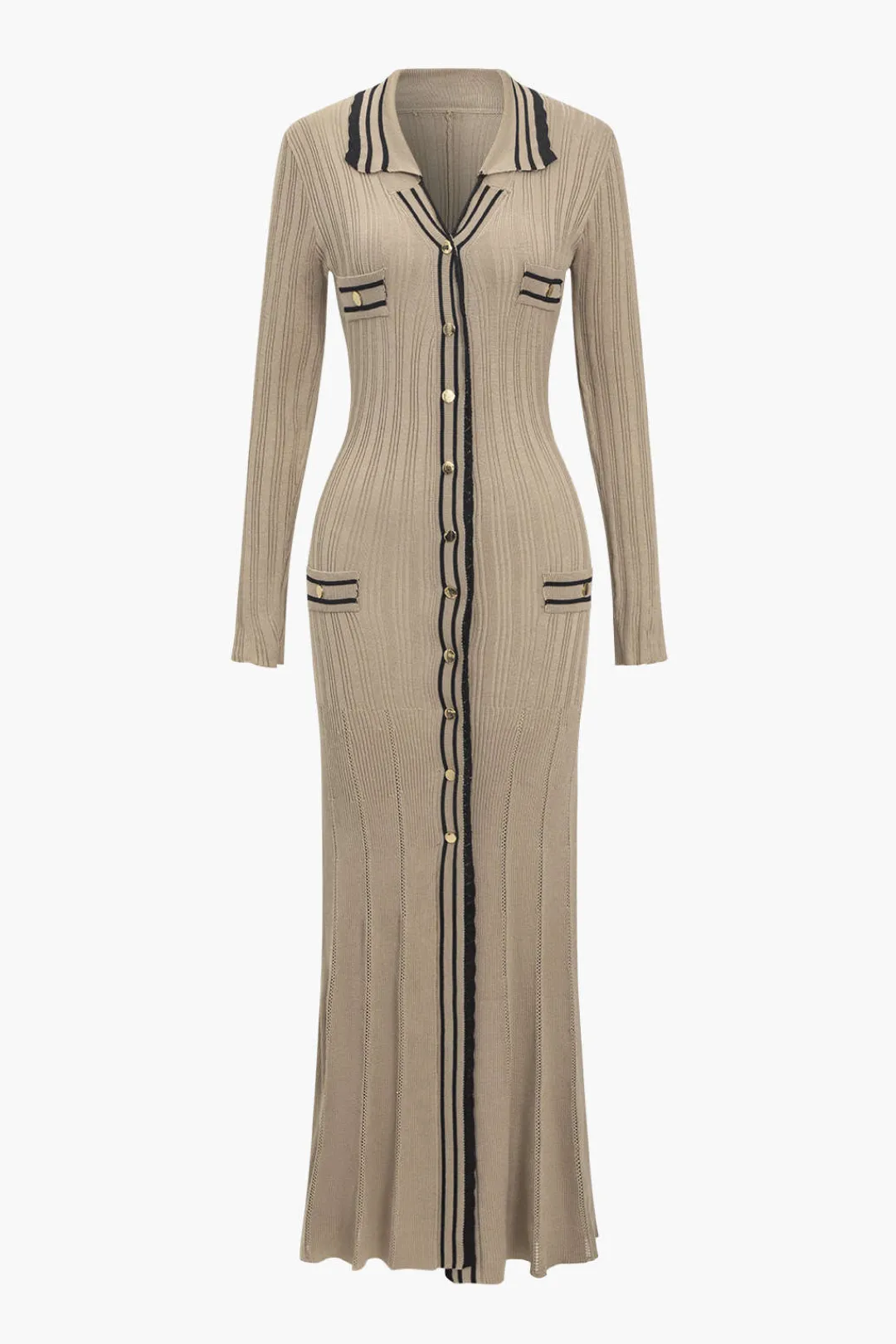 MICAS Long Sleeve Dresses|Knit Dresses-Color Block Print Knit Button Metallic Fake Pockets Dress MOCHA