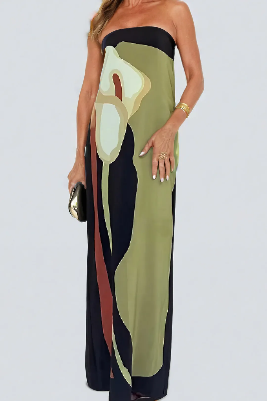 MICAS Maxi Dresses-Color Block Strapless Slit Maxi Dress