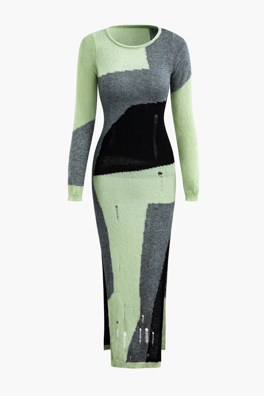 MICAS Long Sleeve Dresses|Knitwear-Colorblock Knit Destroyed Slit Midi Dress GREEN