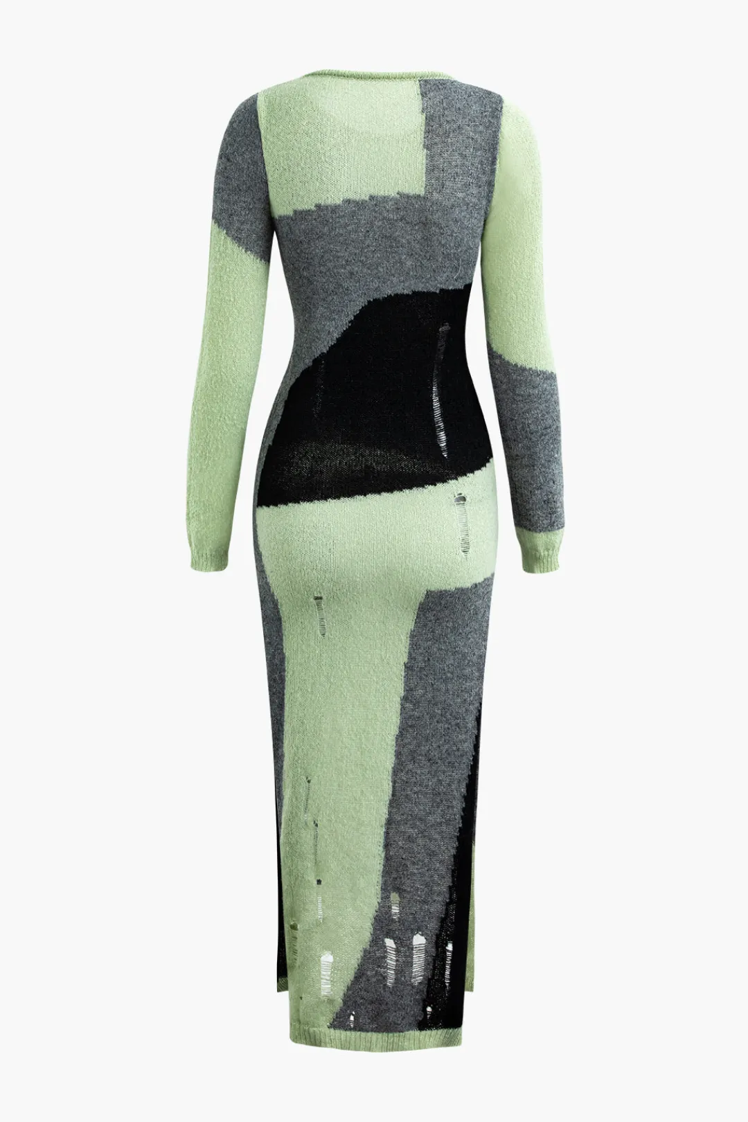 MICAS Long Sleeve Dresses|Knitwear-Colorblock Knit Destroyed Slit Midi Dress GREEN