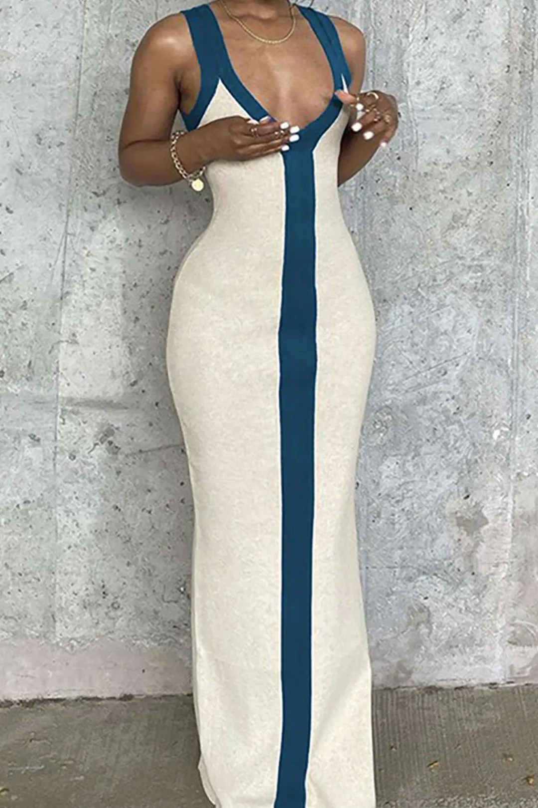 MICAS Maxi Dresses-Colorblock V-neck Ribbed Split Maxi Dress