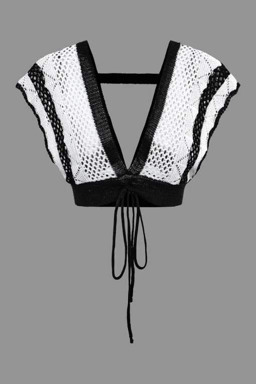 MICAS Knit Sets-Contrast Crochet V-Neck Knit Shorts Set