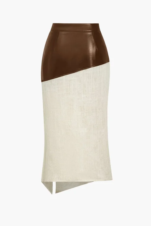 MICAS Skirts-Contrast Faux Leather And Linen Slit Asymmetrical Skirt