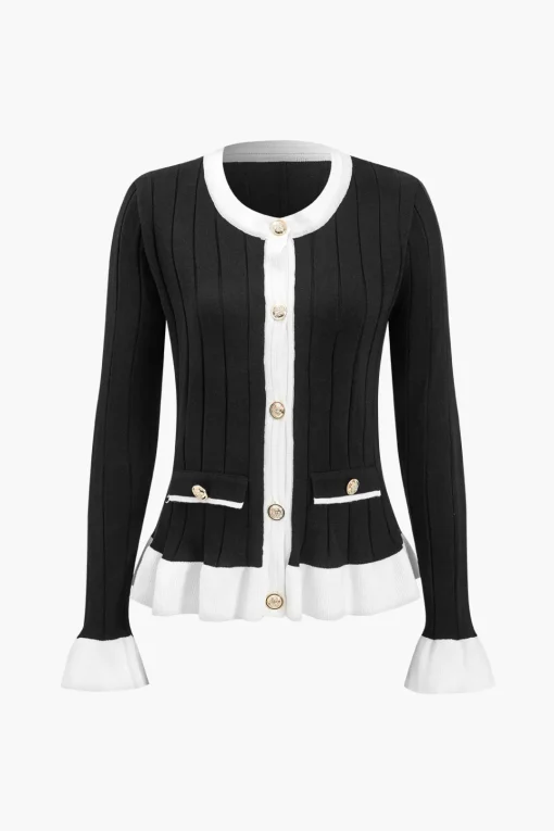 MICAS Knitwear|Knit Sets-Contrast Knit Button Ruffle Top And Pants Set BLACK